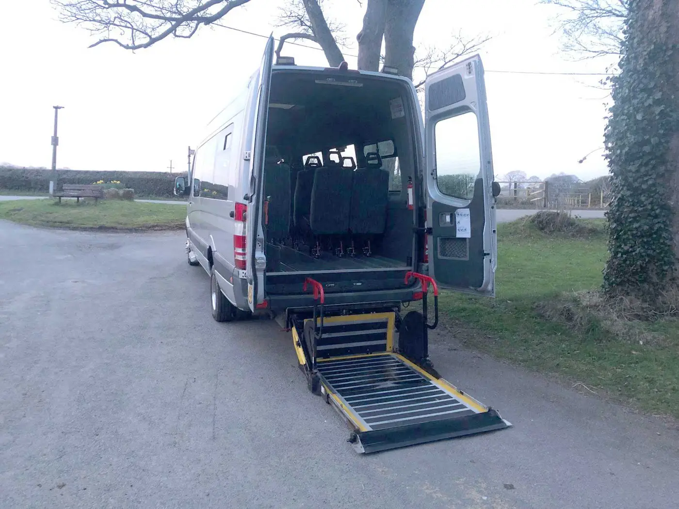Rear view of accessible van showing lift
